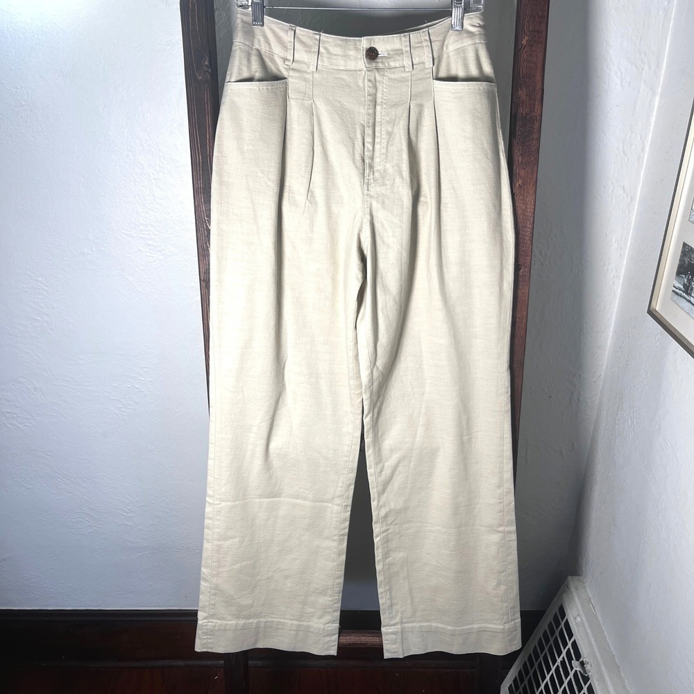 Avec Les Filles Womens High Waisted Pleated Wide Leg Cotton Trousers Beige Small